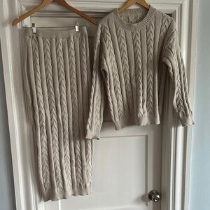 Cream Cable knit Crew Neck Sweater and Skirt Set